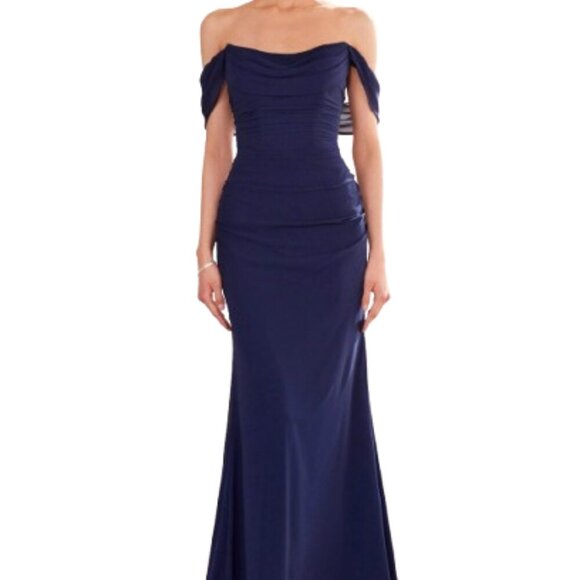 NWT Amoris T705 Chiffon Prom Dress Navy Blue Size XS - Picture 1 of 5